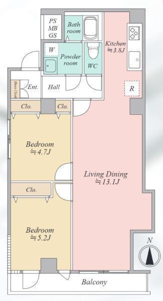 間取図/区画図:価格:1,490万円、2LDK 専有面積:61.42平米、バルコニー面積:5.40平米