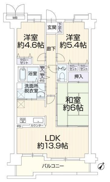 間取図/区画図:価格:2,350万円、3LDK 専有面積:65.78平米、バルコニー:8.30平米