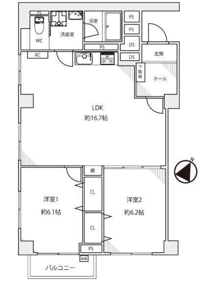 間取図/区画図:価格:2,198万円、2LDK 専有面積:64.30平米、バルコニー:2.82平米