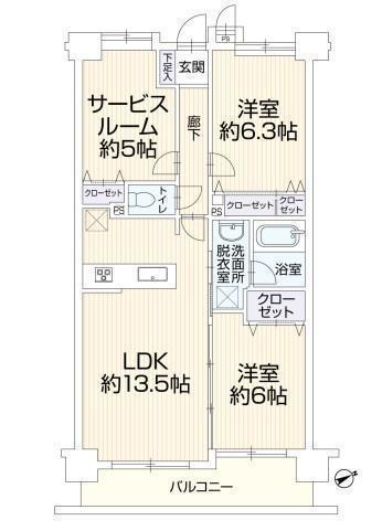 間取図/区画図:価格：2,350万円、2SLDK　専有面積：64.57平米、バルコニー：7.55平米