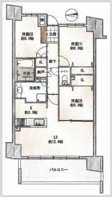 間取図/区画図:価格：5,580万円、3LDK　専有面積：71.36平米、バルコニー：12.44平米